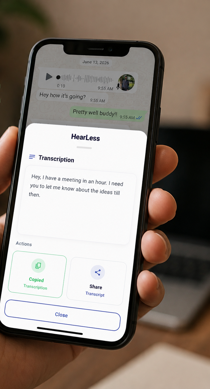 HearLess transcribing a WhatsApp voice note directly inside a chat
