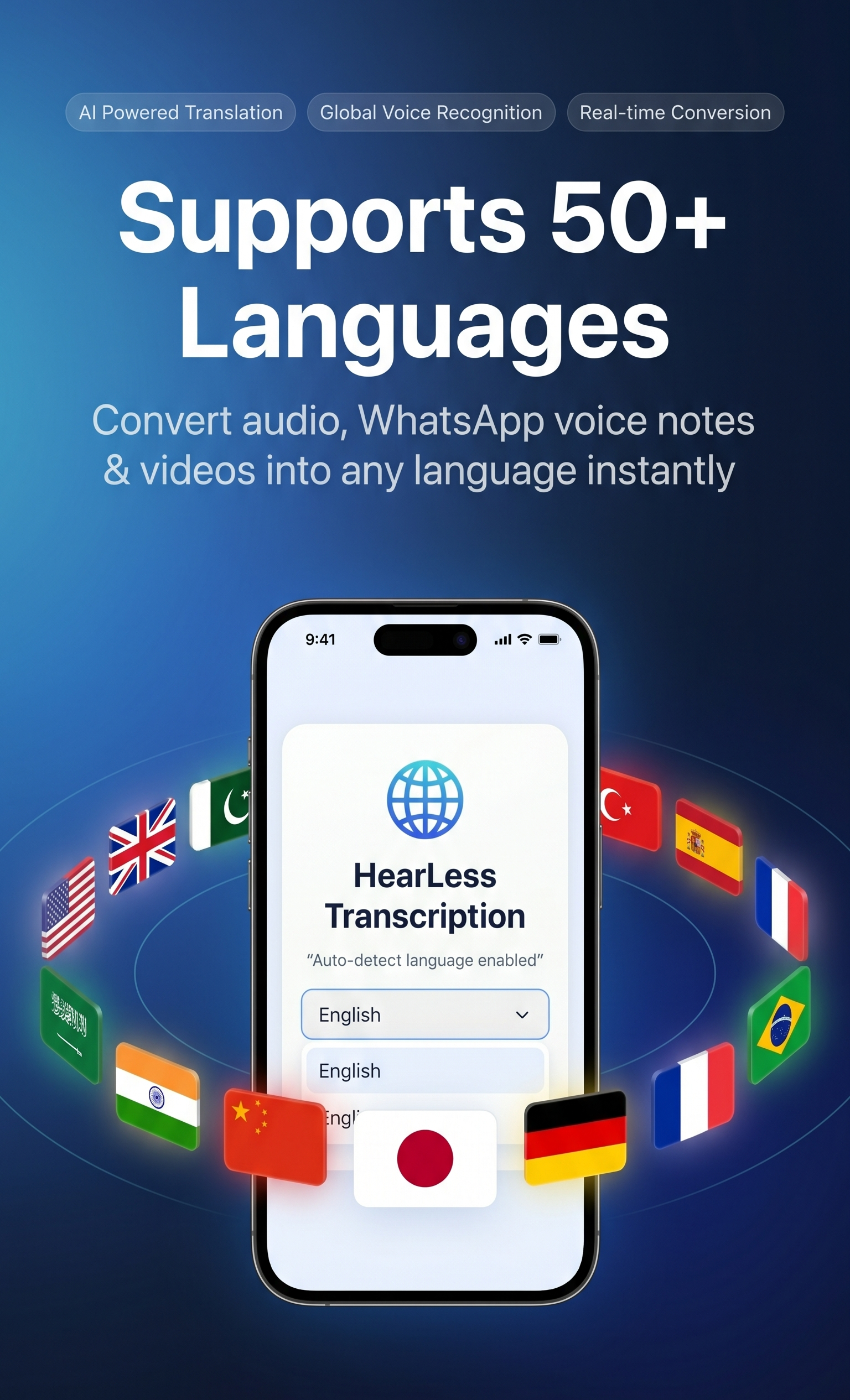HearLess supporting over 50 languages with automatic detection