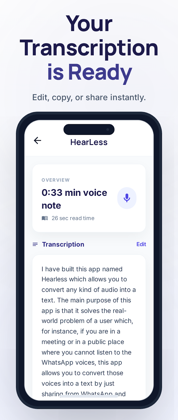 HearLess transcription result screen showing text, read time, and share actions